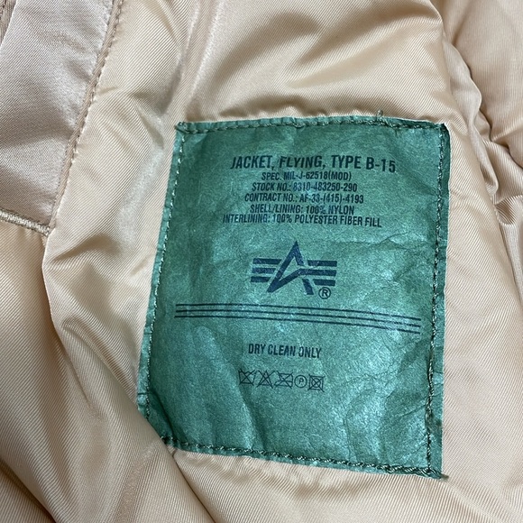 Alpha Industries B-15 Bomber Jacket Gold Nylon Removable Faux Fur Collar XS - Picture 13 of 16
